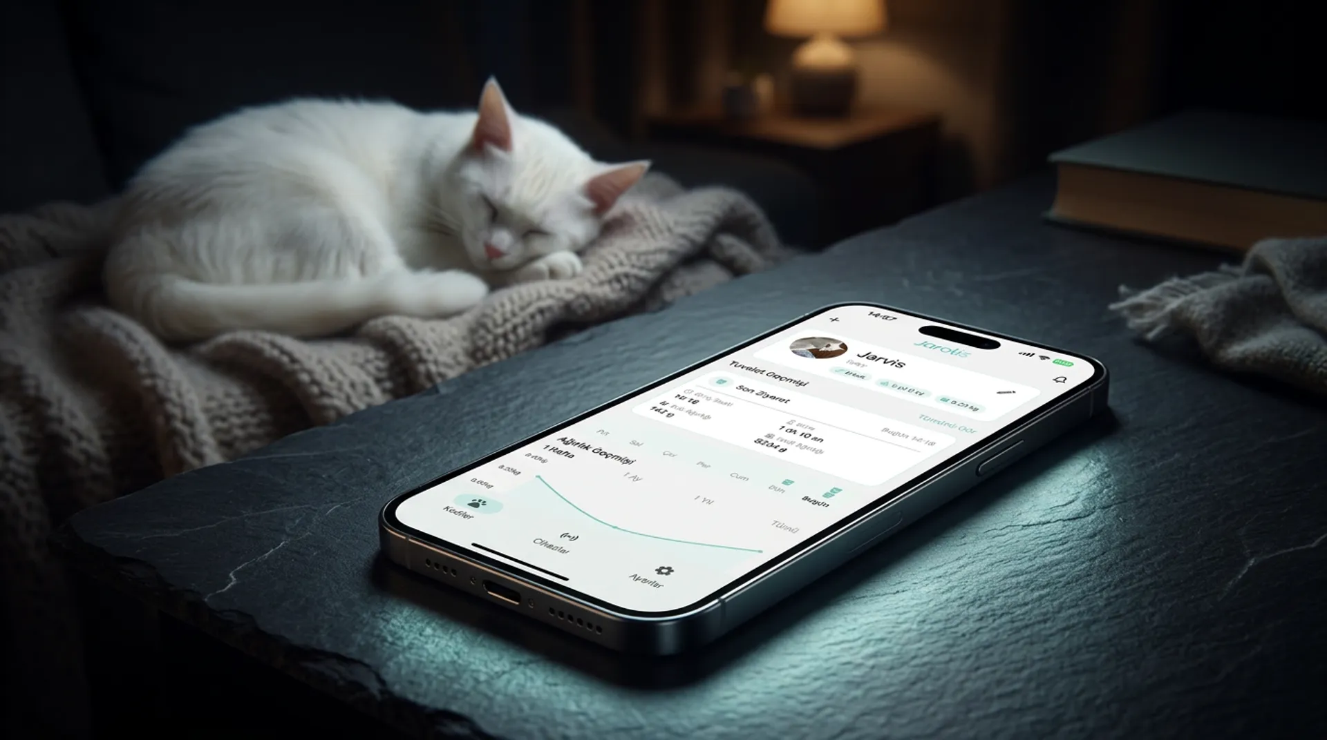 Jarolis cat health monitoring app on smartphone next to a sleeping cat — smart litter box tracking