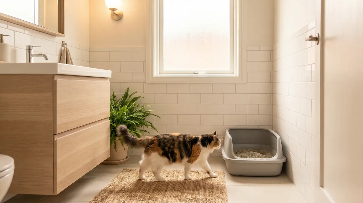 Cat walking toward a standard litter box in a clean modern home — invisible health monitoring without changing anything